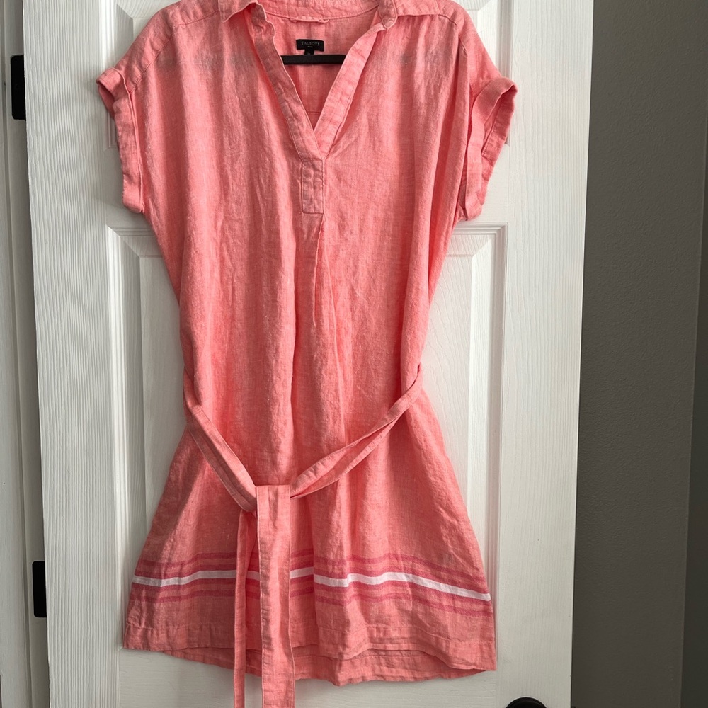 Talbots 100% Linen Salmon Pink Shirtdress Lagenlook Beachy Sz Large *PETITE* - Picture 2 of 11